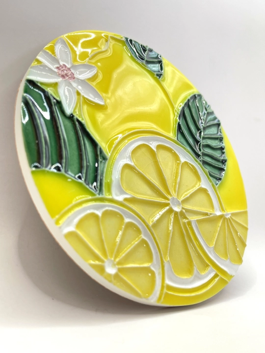 Ręcznie wykonana podstawka ceramiczna pod kubek szklankę motyw cytryn