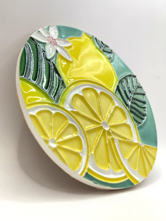 Ręcznie wykonana podstawka ceramiczna pod kubek szklankę motyw cytryn