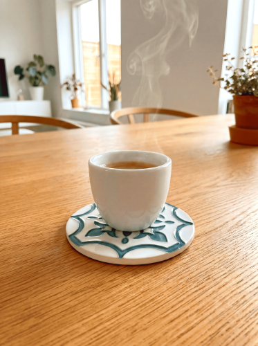 Ręcznie robiona podstawka ceramiczna z motywem śródziemnomorskim